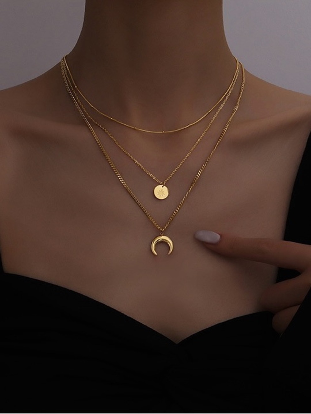 Stainless Steel Gold Layered Crescent & Coin Star Necklace Set - Women Jewelry